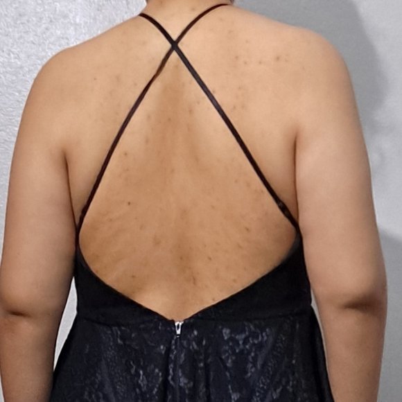 Black Floral Lace Square Neckline Criss-Cross Open Back Flare Mini Dress – Plus - Picture 6 of 10